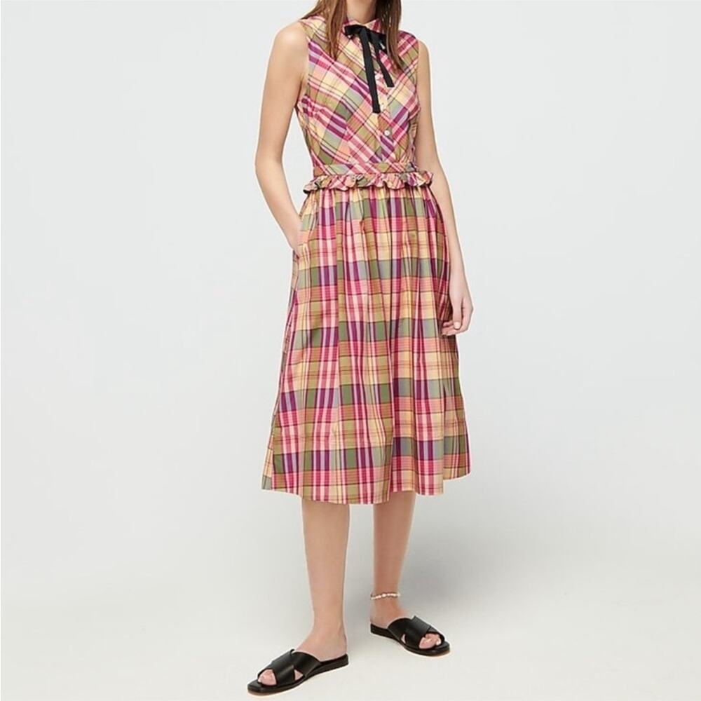 J. Crew Multicolored Plaid Sleeveless Shirtdress 4 Fuchsia Pink Green Multi